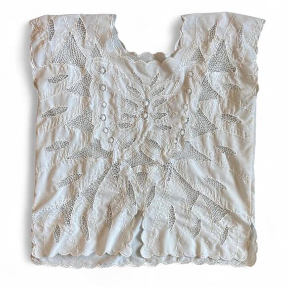 White Embroidered Cutwork Linen Top Scalloped Cottagecore Boho Tunic - Picture 2 of 8